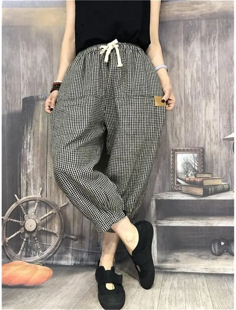Women Loose Elastic Waist Harem Pants All-Matched Plaid Patchwork Cotton Linen Pants