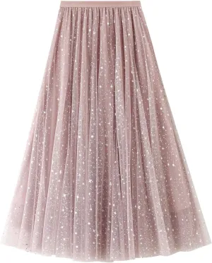 Women Mesh Tutu Maxi Skirts Sequin Glitter Layered Elastic High Waist A-Line Swing Skirts Y2k Party Streetwear