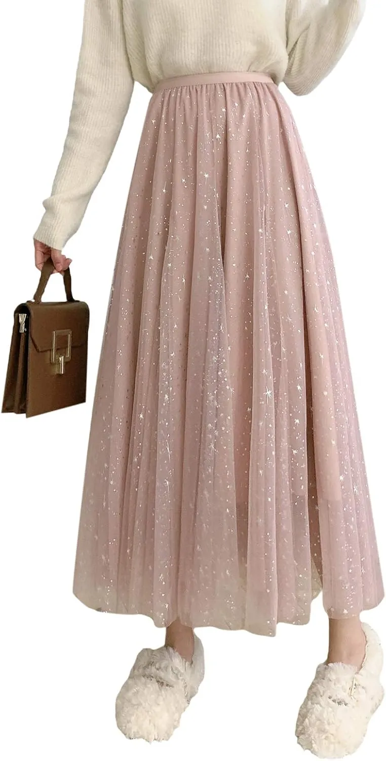 Women Mesh Tutu Maxi Skirts Sequin Glitter Layered Elastic High Waist A-Line Swing Skirts Y2k Party Streetwear