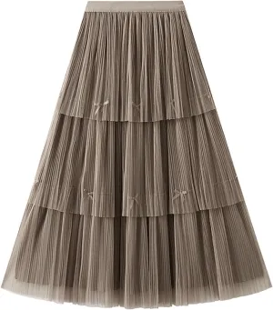 Women Mid Length Skirt Dance Party A Line High Waisted Bowknot Tulle Skirt Holiday Party Sweater Outfits for