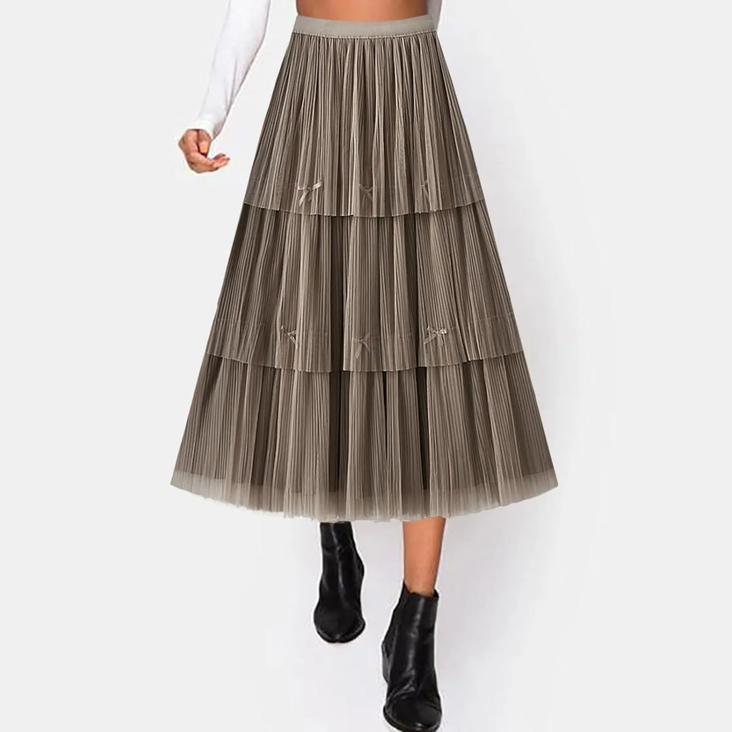 Women Mid Length Skirt Dance Party A Line High Waisted Bowknot Tulle Skirt Holiday Party Sweater Outfits for
