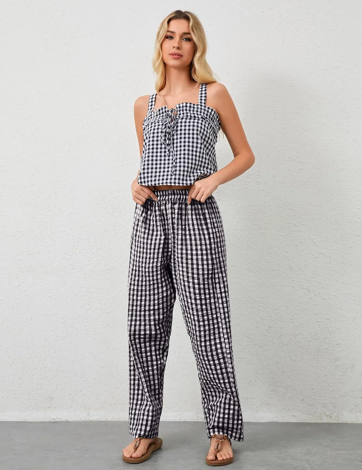 Women Plaid Wide Leg Pants Low Waist Gingham Print Lounge Long Tunic Pants Y2K Pajama Lounge Trousers with Pockets