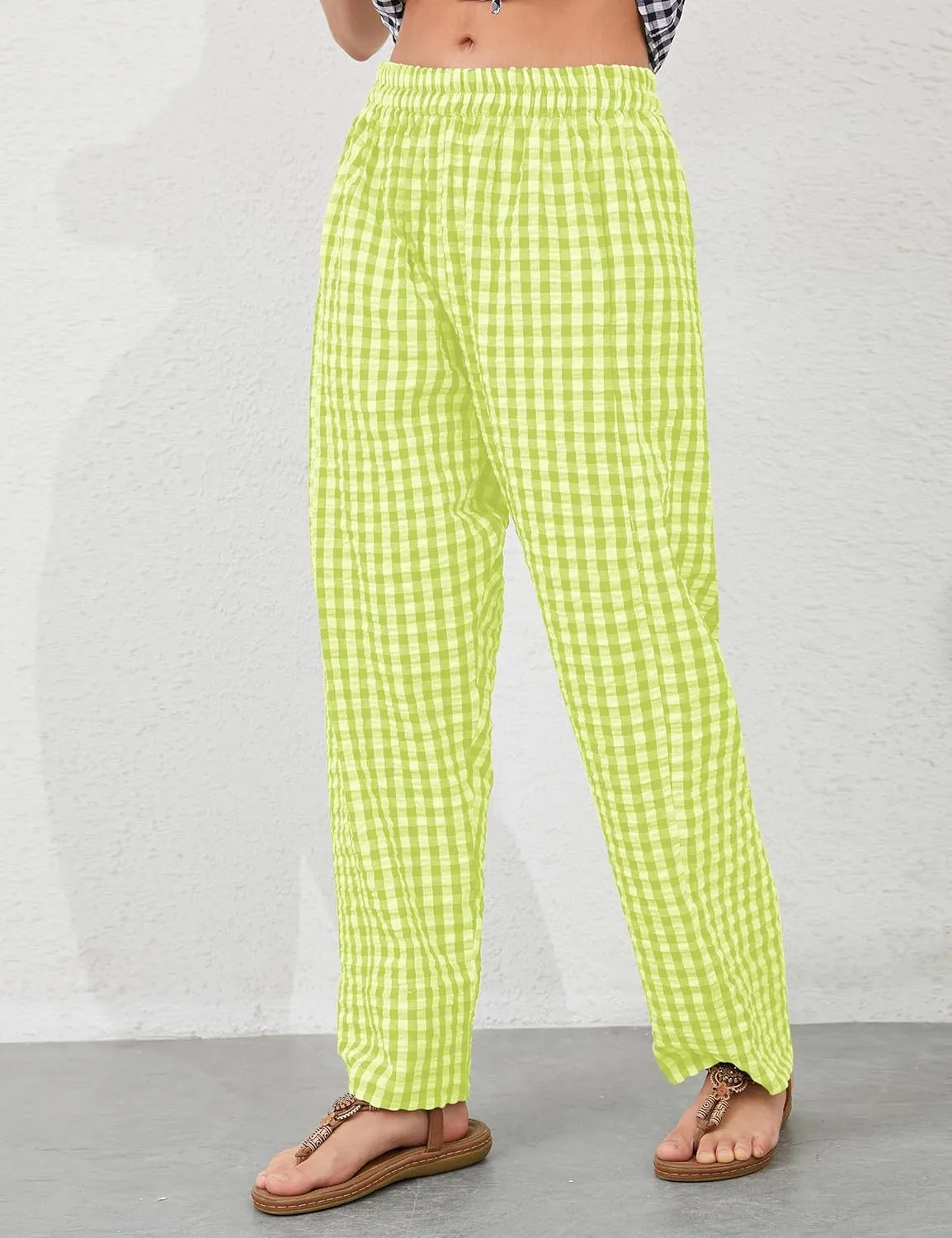 Women Plaid Wide Leg Pants Low Waist Gingham Print Lounge Long Tunic Pants Y2K Pajama Lounge Trousers with Pockets
