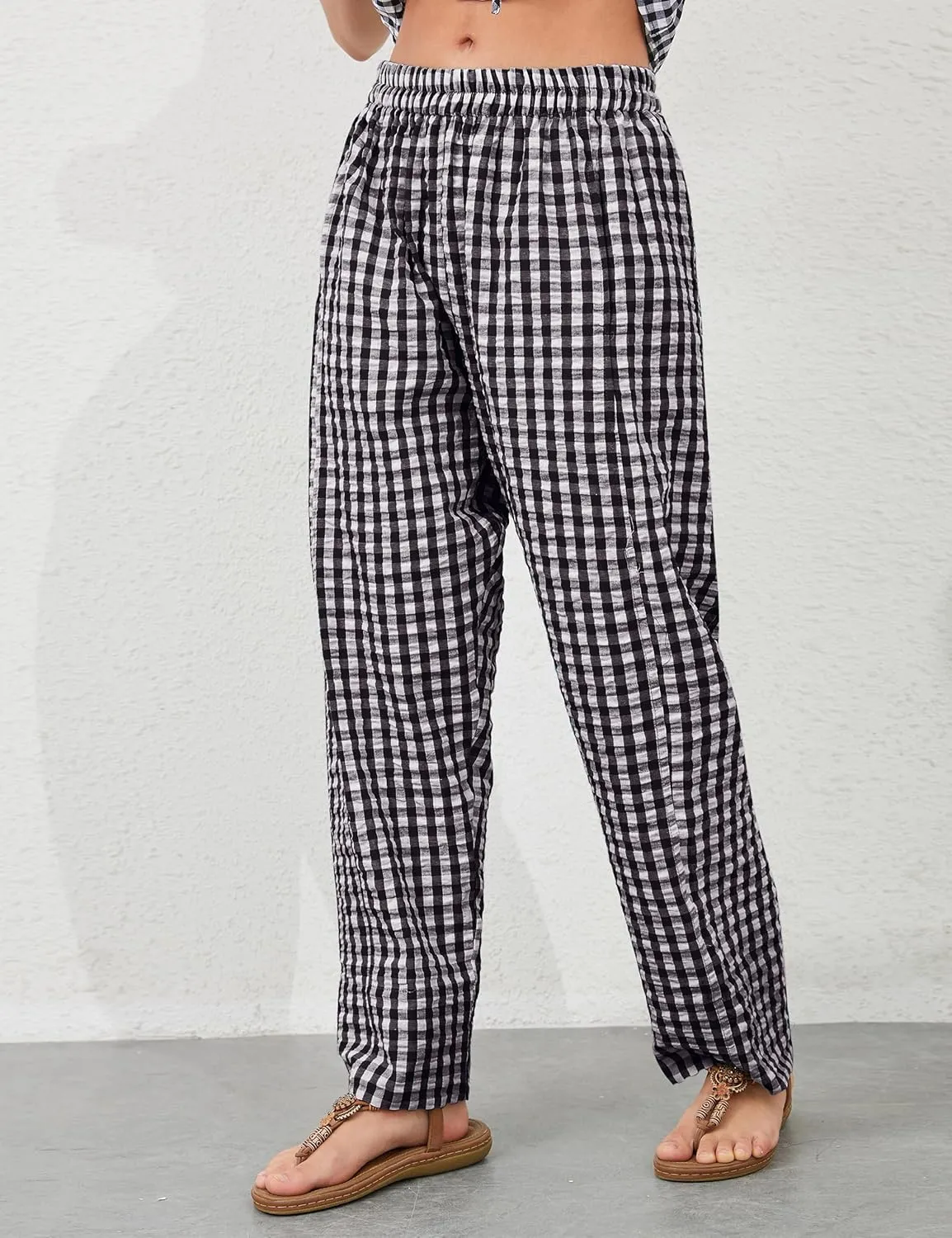 Women Plaid Wide Leg Pants Low Waist Gingham Print Lounge Long Tunic Pants Y2K Pajama Lounge Trousers with Pockets