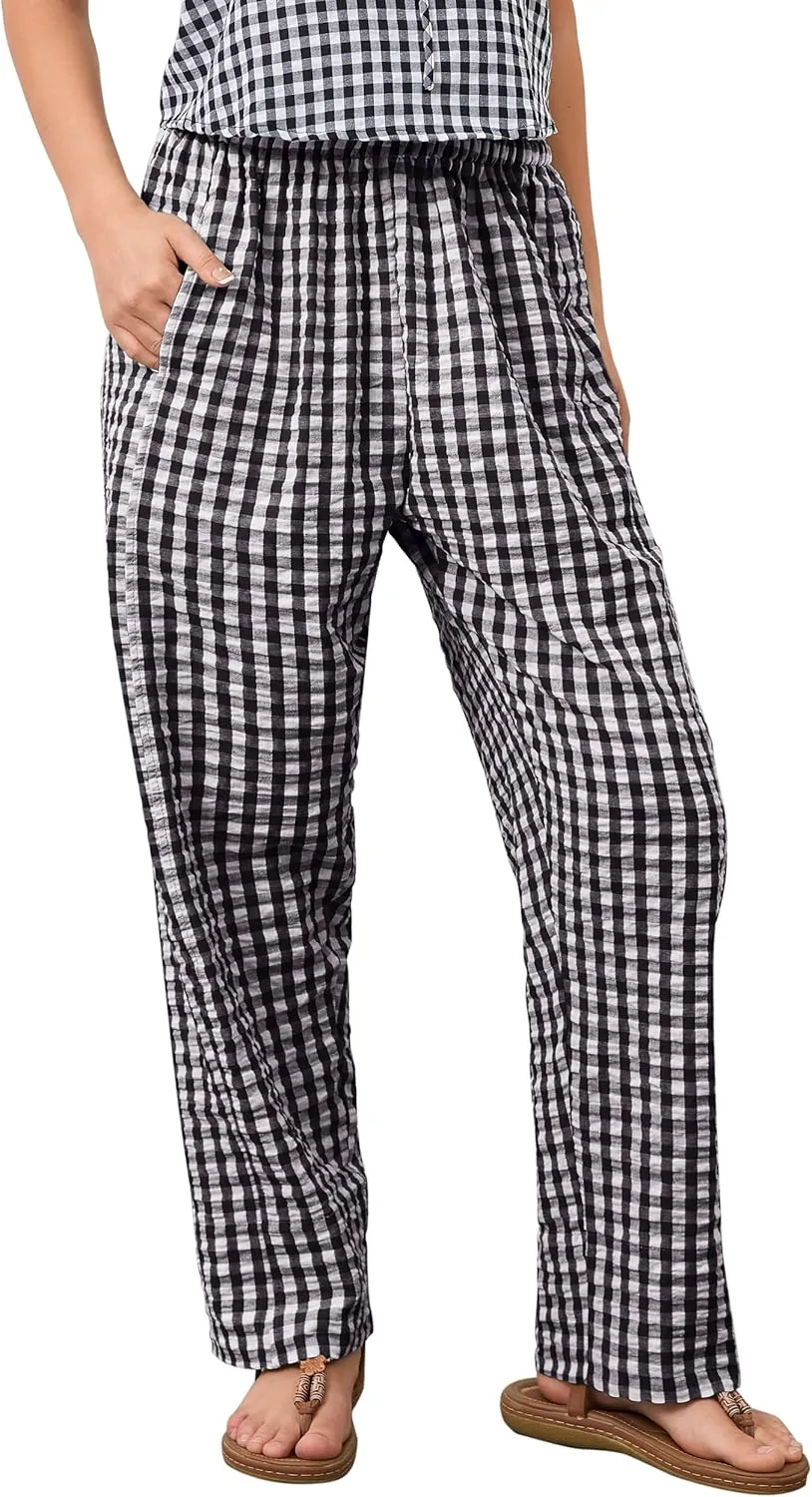 Women Plaid Wide Leg Pants Low Waist Gingham Print Lounge Long Tunic Pants Y2K Pajama Lounge Trousers with Pockets