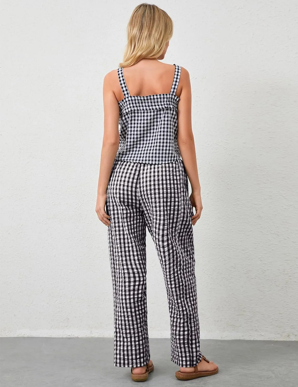 Women Plaid Wide Leg Pants Low Waist Gingham Print Lounge Long Tunic Pants Y2K Pajama Lounge Trousers with Pockets