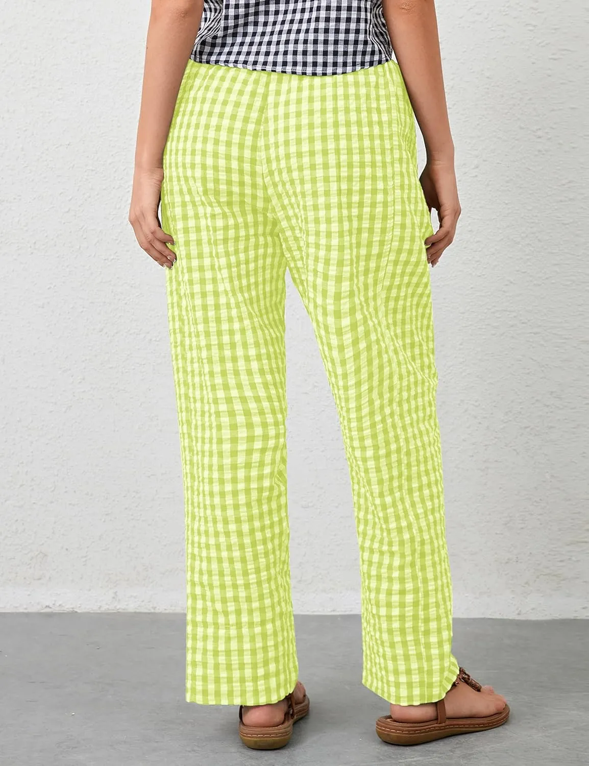 Women Plaid Wide Leg Pants Low Waist Gingham Print Lounge Long Tunic Pants Y2K Pajama Lounge Trousers with Pockets