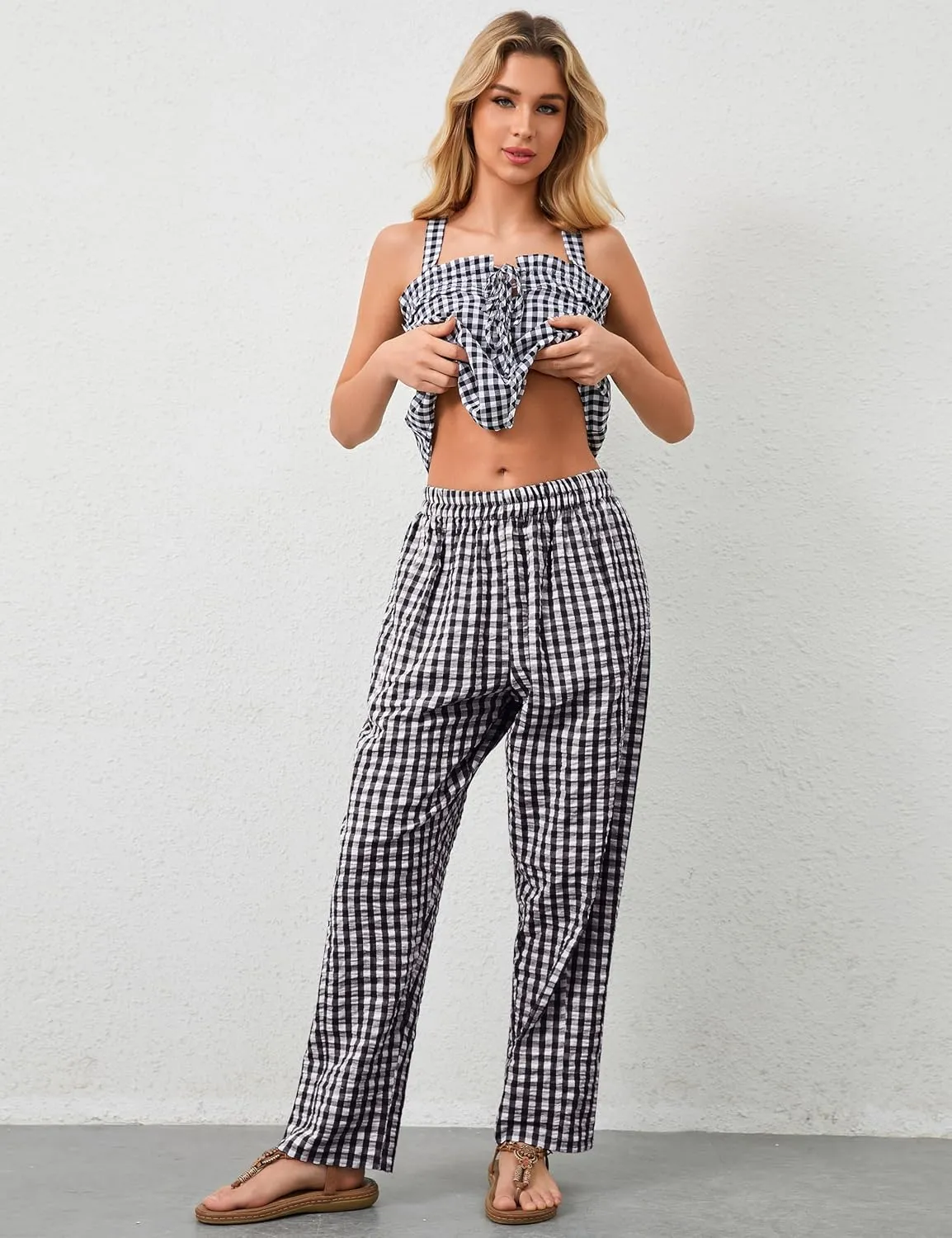 Women Plaid Wide Leg Pants Low Waist Gingham Print Lounge Long Tunic Pants Y2K Pajama Lounge Trousers with Pockets