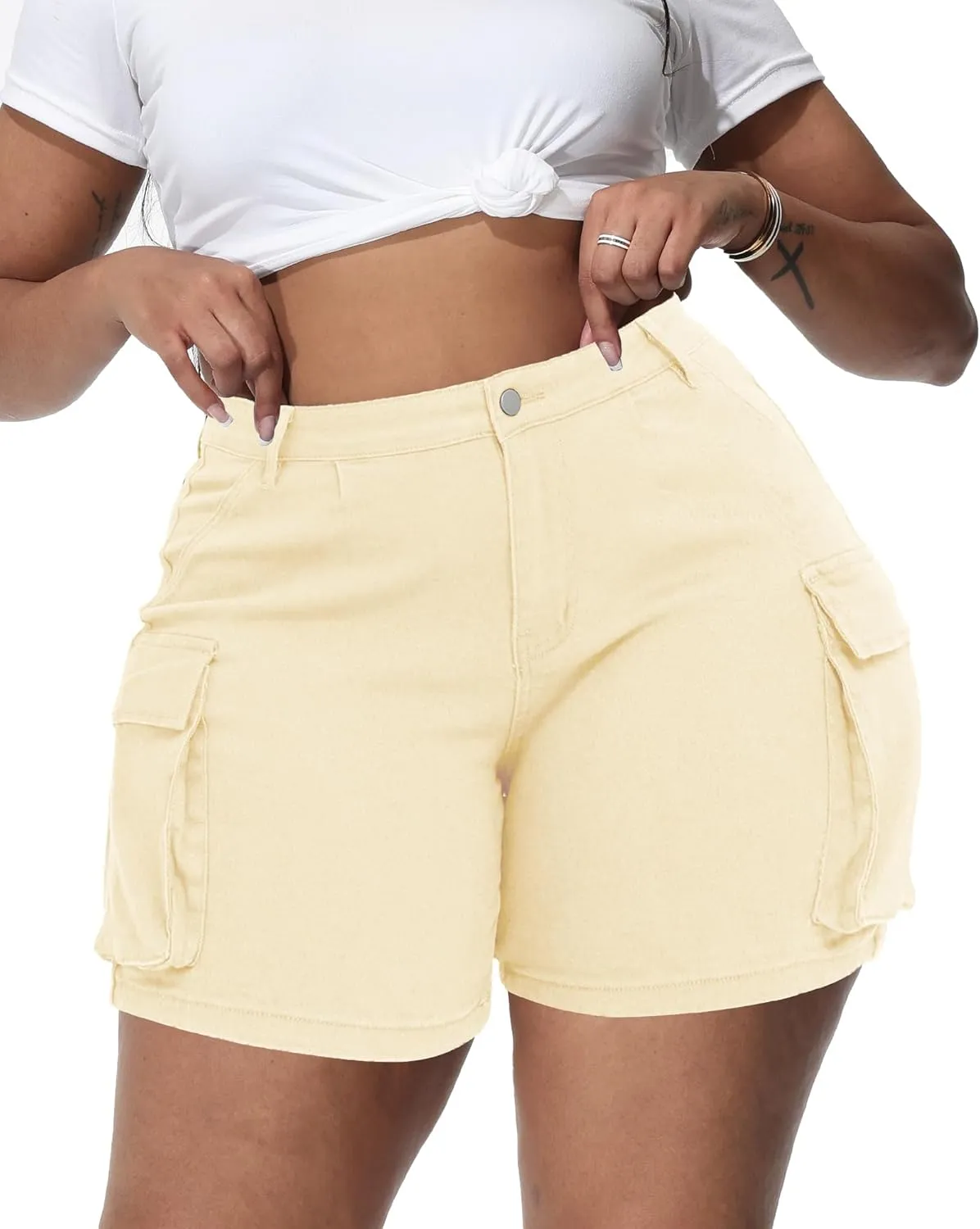 Women Plus Size Jean Shorts Stretchy Curvy Cargo Shorts High Waisted Streetwear Denim Shorts with Pockets