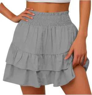 Women Ruffle Mini Skirts Smocked Waist Pleated Tiered Ruffle Hem Short Skirt Summer Casual Half Dress 2025 New