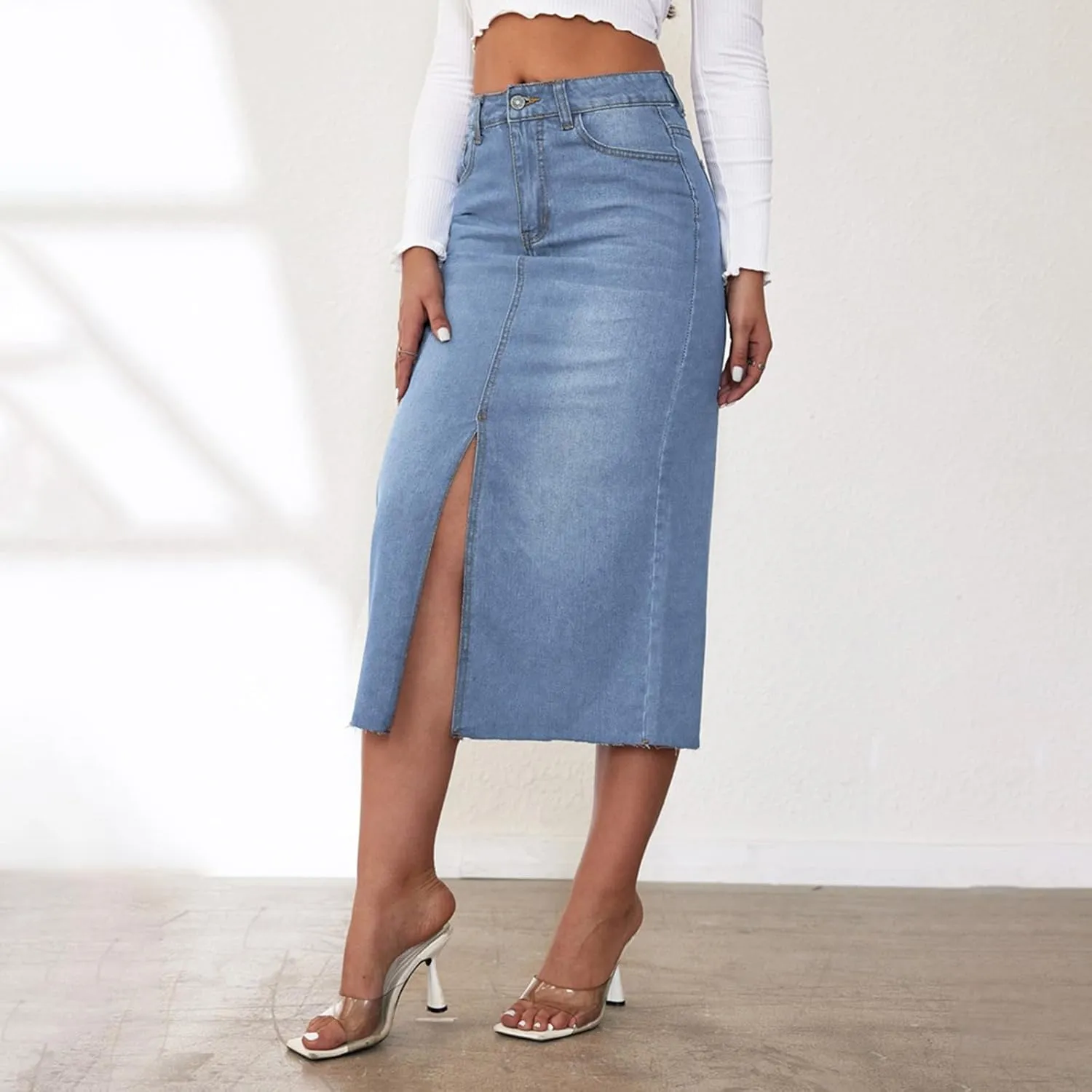 Women Slit Denim Maxi Skirt High Waist Split A-Line Pencil Long Jean Skirt Slim Fit Vintage Cargo Y2k Jean Skirt