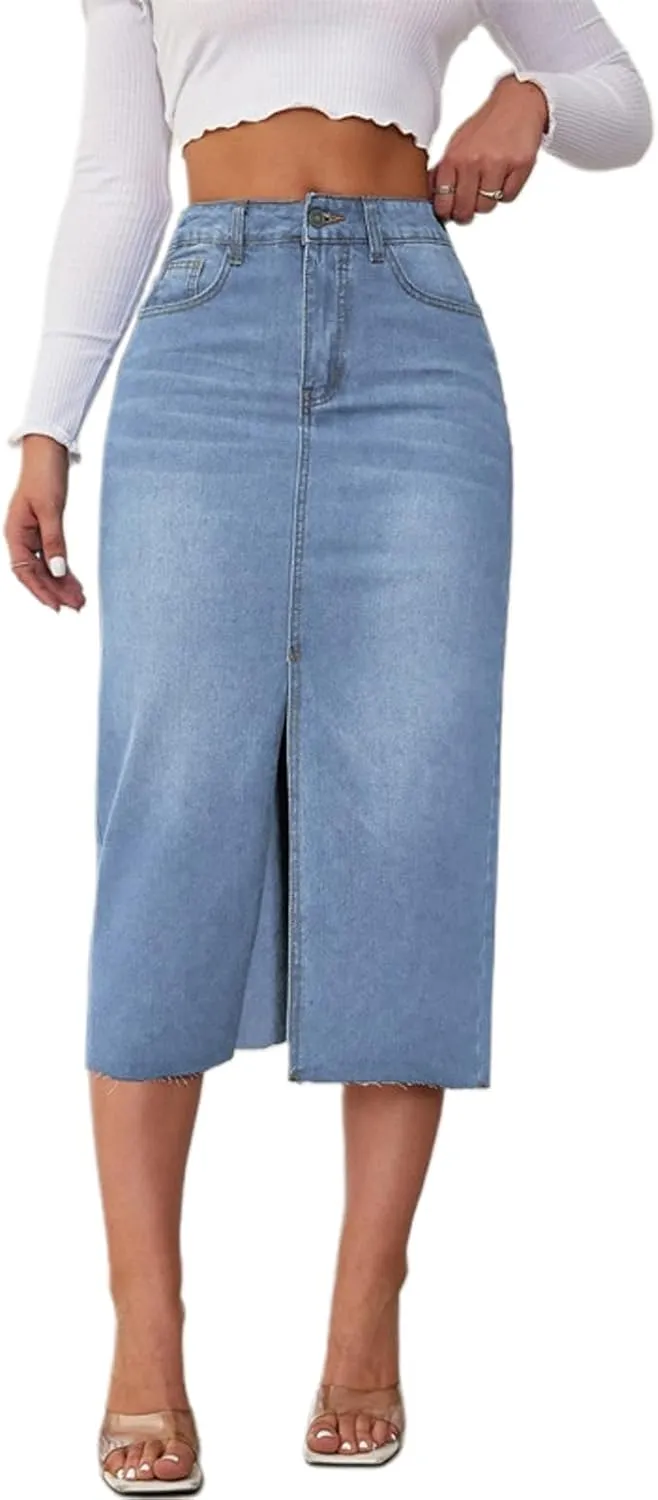 Women Slit Denim Maxi Skirt High Waist Split A-Line Pencil Long Jean Skirt Slim Fit Vintage Cargo Y2k Jean Skirt