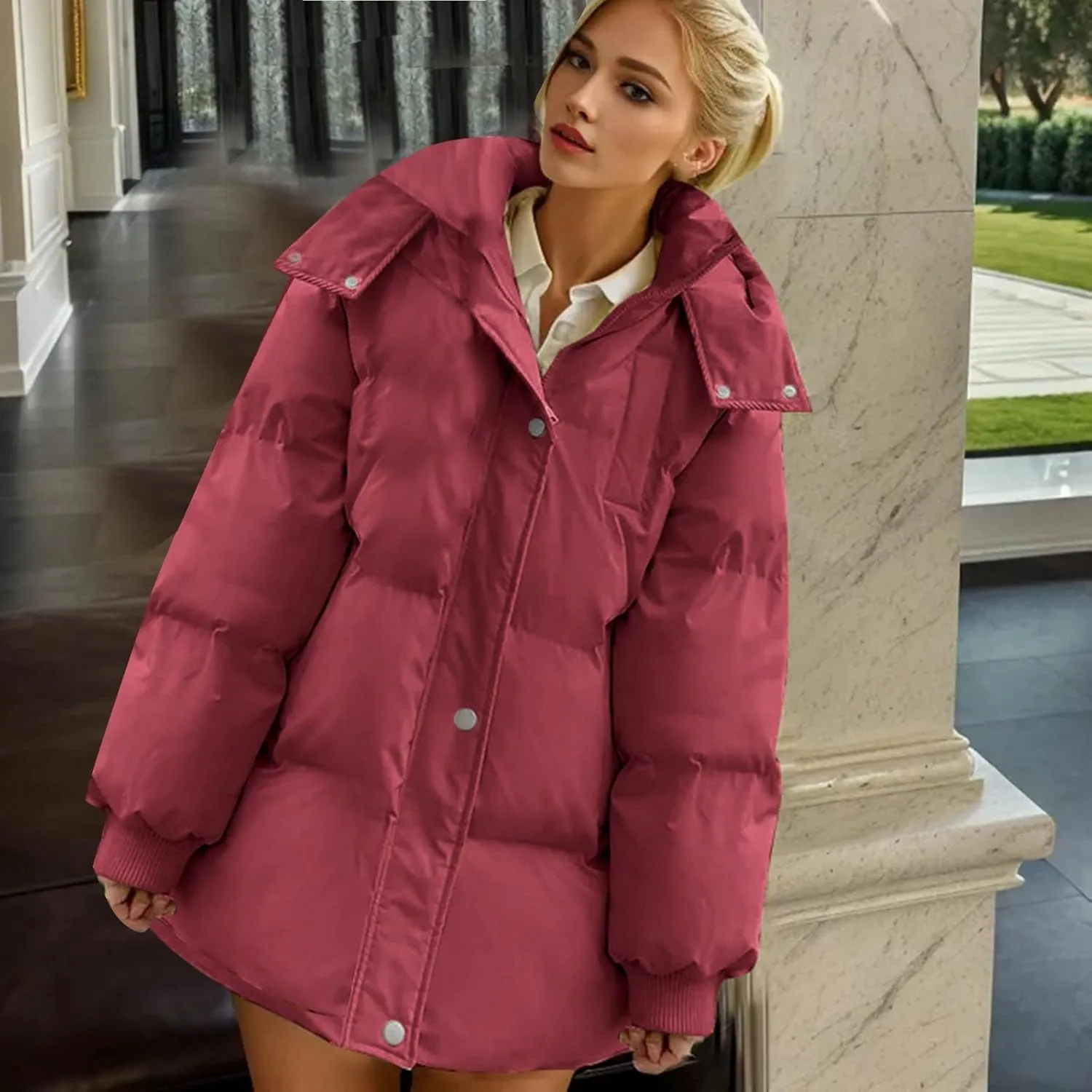 Women Stand Collar Puffer Down Jacket Long Sleeve Cropped Zipper Outwear with Pockets Short Winter Warm Parka Coats