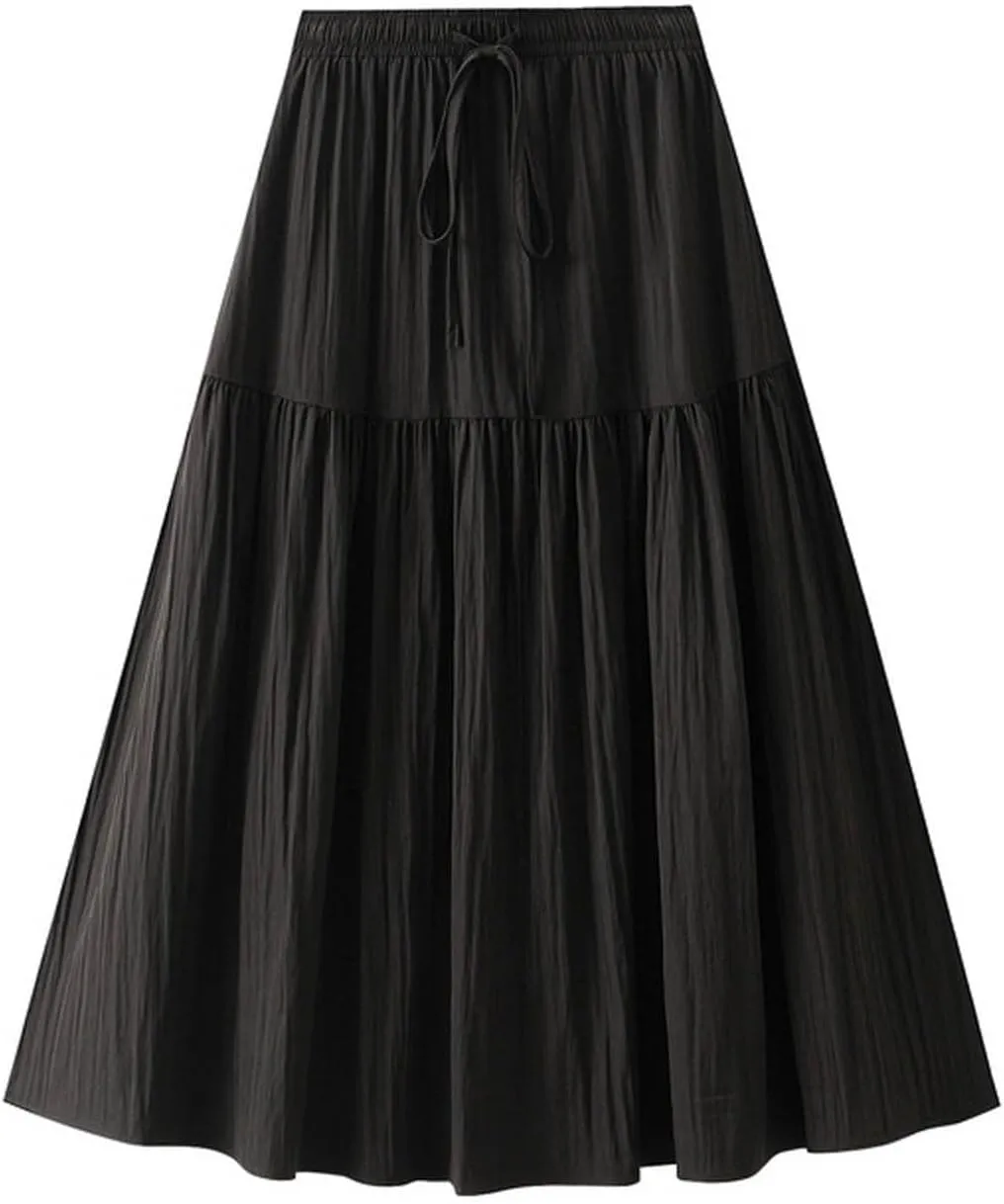 Women Summer Flowy Boho Maxi Skirt Trendy 2025 Drawstring Tiered A-Line Pleated Flowy Long Beach Skirt Elastic Waist