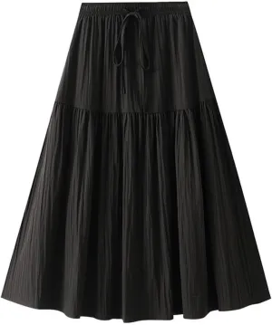 Women Summer Flowy Boho Maxi Skirt Trendy 2025 Drawstring Tiered A-Line Pleated Flowy Long Beach Skirt Elastic Waist