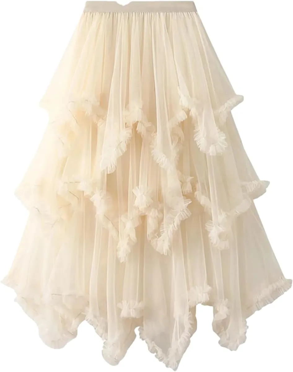 Women Tulle Irregular Elastic Waist Long Skirts High Waist Party Long Solid Maxi Skirt