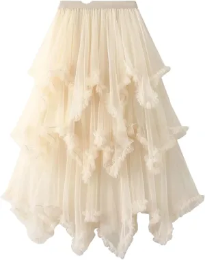 Women Tulle Irregular Elastic Waist Long Skirts High Waist Party Long Solid Maxi Skirt