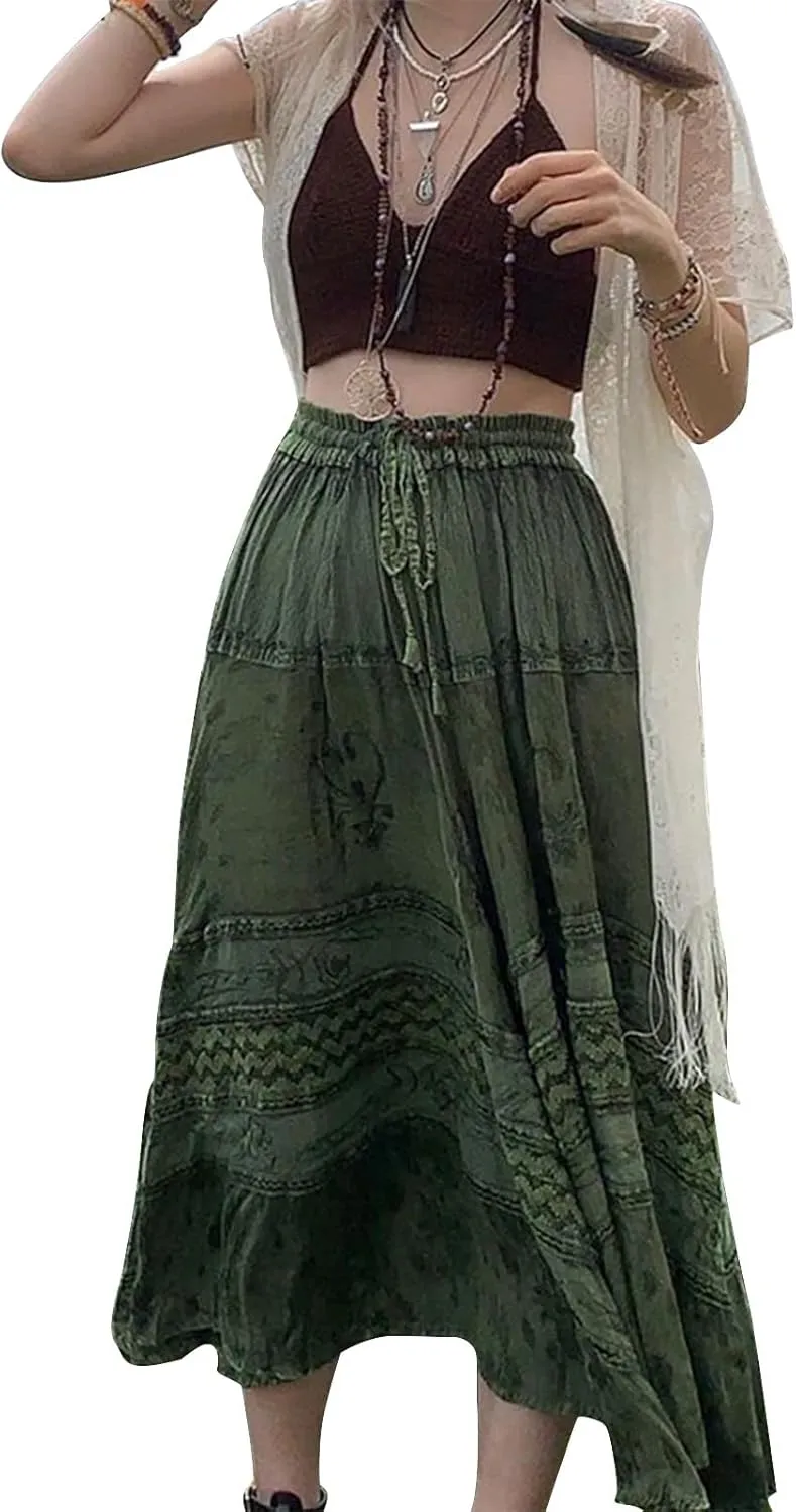 Women Vintage Floral Midi Skirt High Waist A-Line Pleated Fairy Long Skirt 90s E-Girl Grunge Streetwear