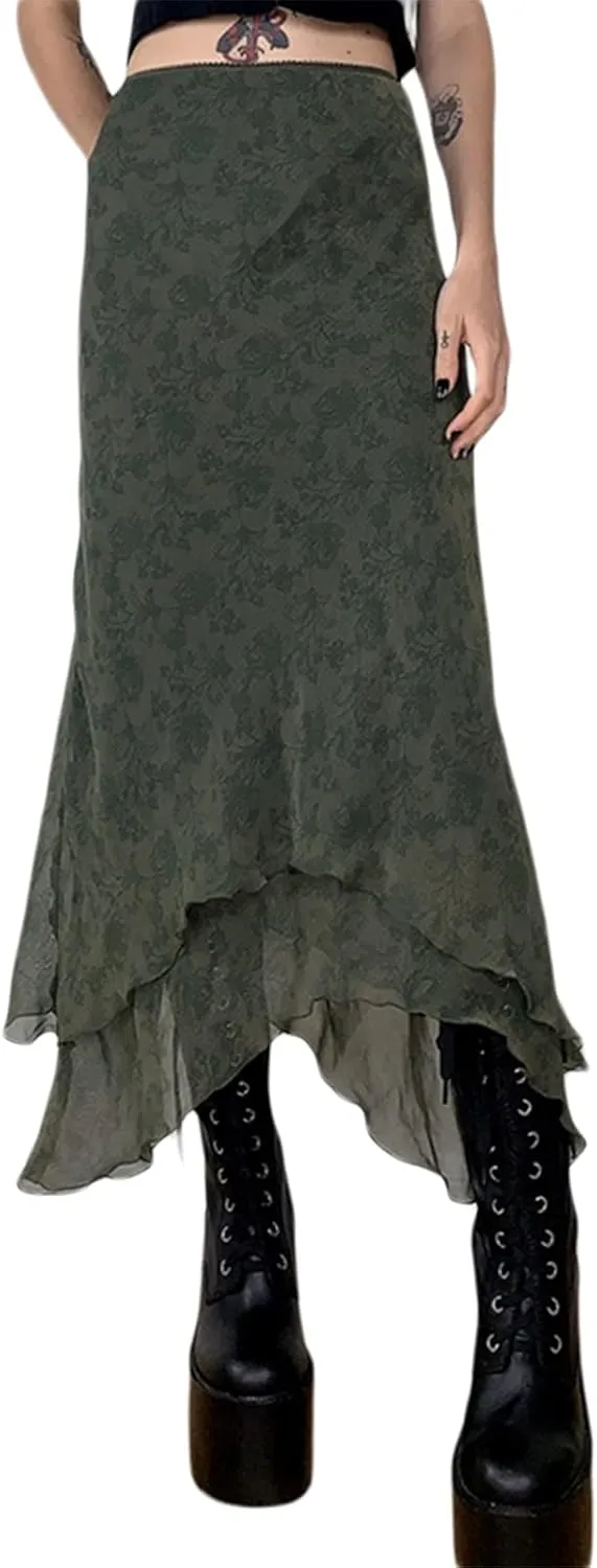 Women Vintage Floral Midi Skirt High Waist A-Line Pleated Fairy Long Skirt 90s E-Girl Grunge Streetwear