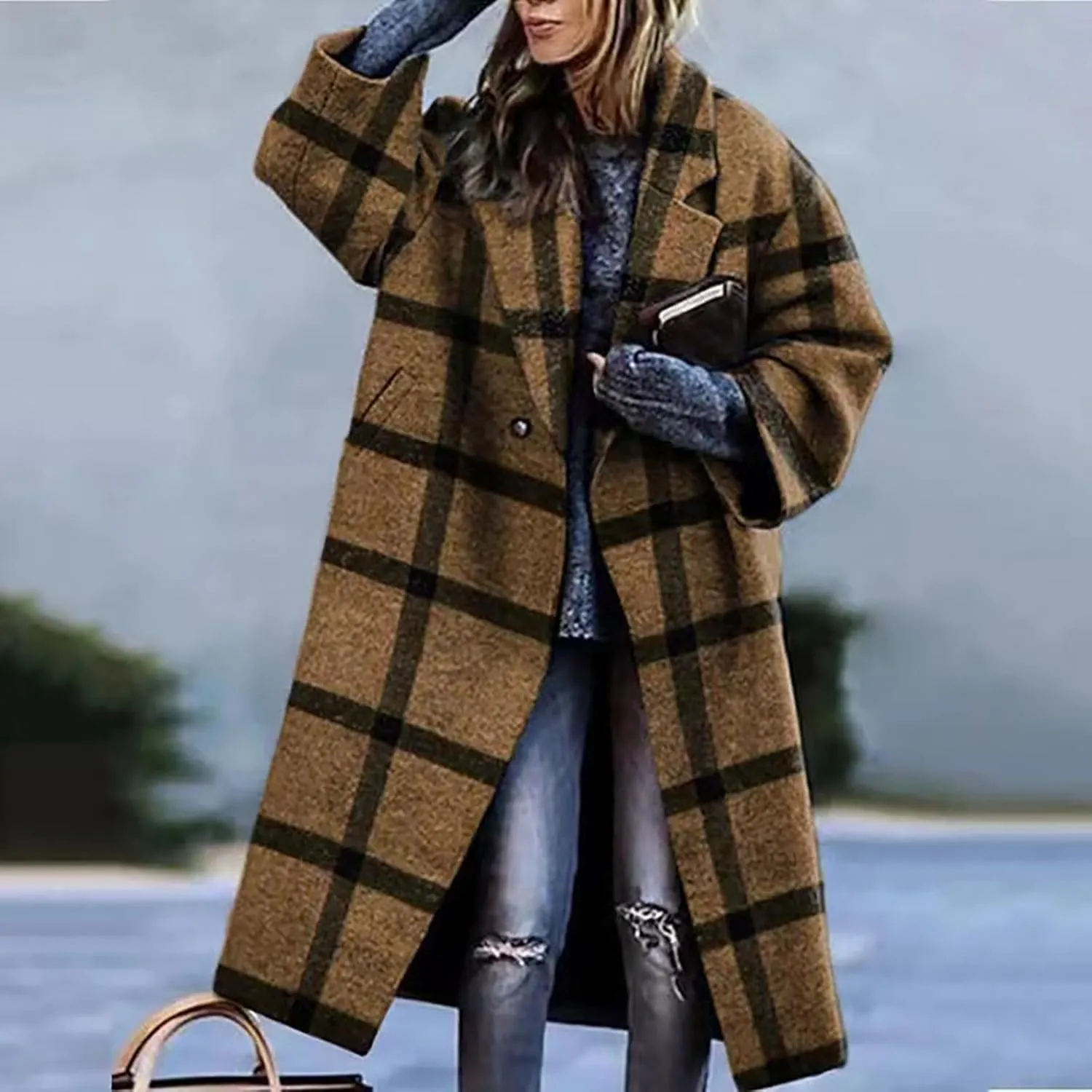 Women's 2023 Fashion Winter Coat Down Lapel Plush Plaid Coat Loose Long Coat Womens Coats Winter Womens Trench Coat