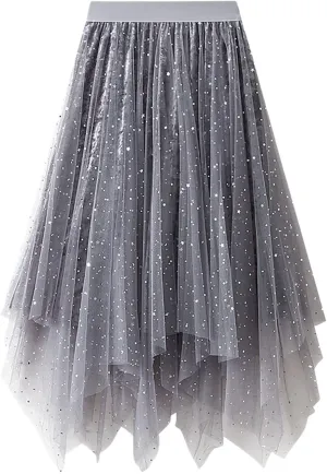 Women's A Line Casual Skirt Elastic Waistband High Waist Pleated Cheer Midi Skirts Irregular Beach Skirts for
