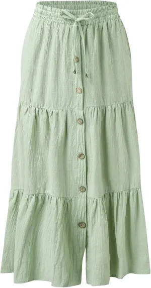 Womens A Line Midi Skirt Elastic Waist Front Button Casual Skirts Ruffle Layered High Waisted Pleated Skirt with