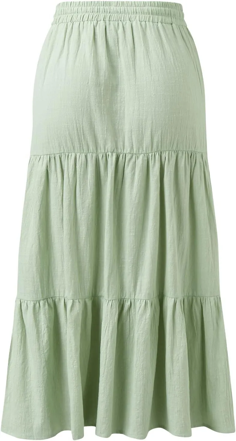 Womens A Line Midi Skirt Elastic Waist Front Button Casual Skirts Ruffle Layered High Waisted Pleated Skirt with