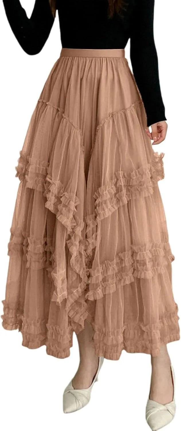 Women's A Line Tulle Party Dinner Tutu Skirt Brown Stretchy High Waisted Flared Skirt Womens Button Front Denim