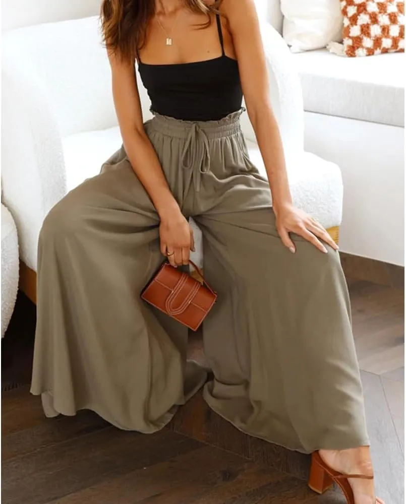 Women's Baggy Pants Flowy Casual Wide Leg Pants Elastic Drawstring High Waisted Skirt Pants Comfy Trousers