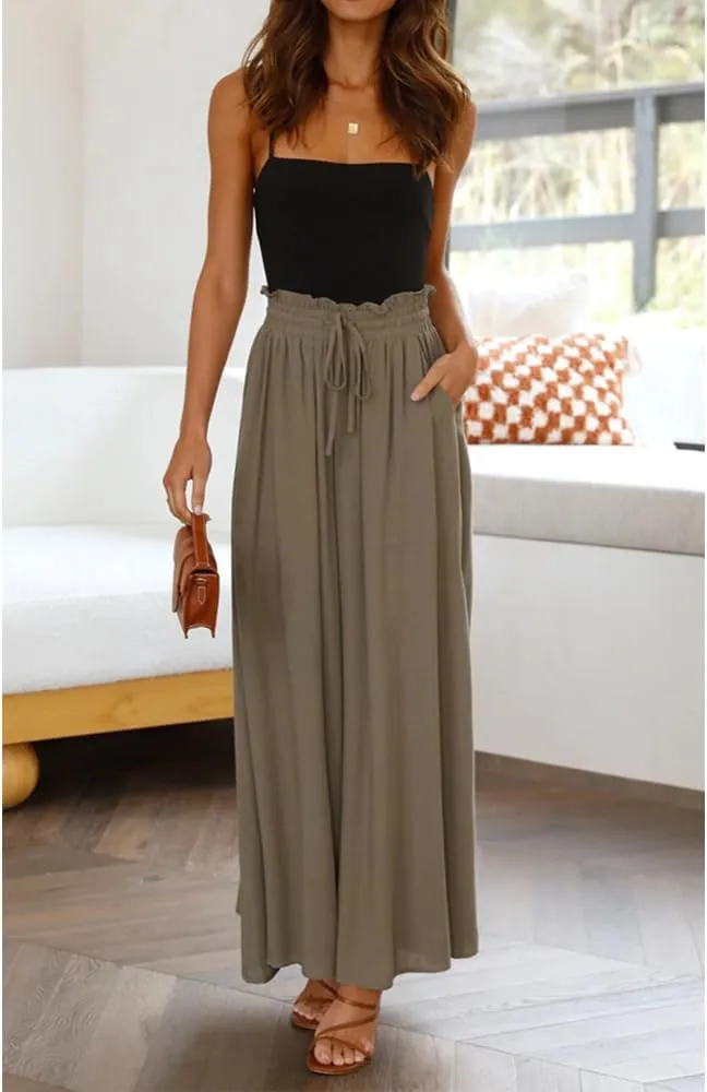 Women's Baggy Pants Flowy Casual Wide Leg Pants Elastic Drawstring High Waisted Skirt Pants Comfy Trousers