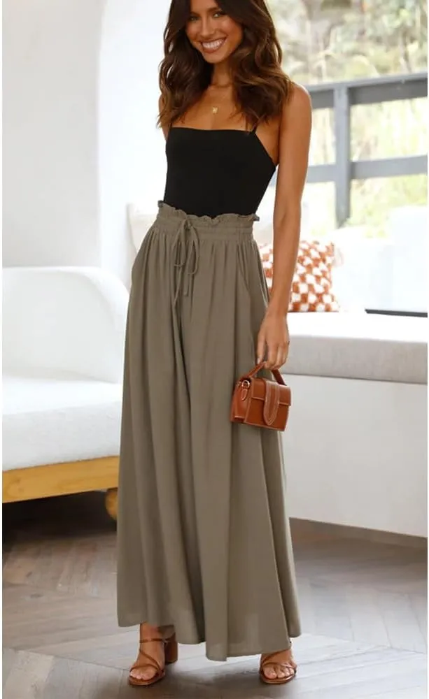 Women's Baggy Pants Flowy Casual Wide Leg Pants Elastic Drawstring High Waisted Skirt Pants Comfy Trousers