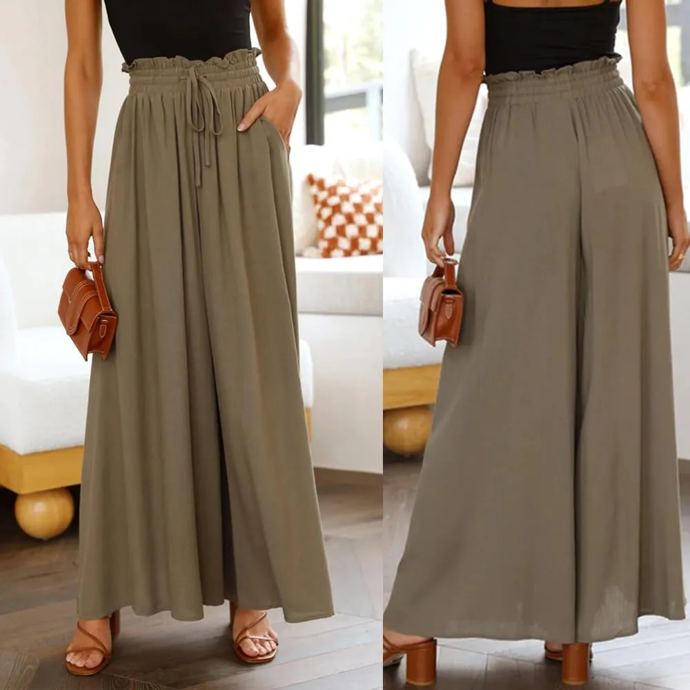 Women's Baggy Pants Flowy Casual Wide Leg Pants Elastic Drawstring High Waisted Skirt Pants Comfy Trousers