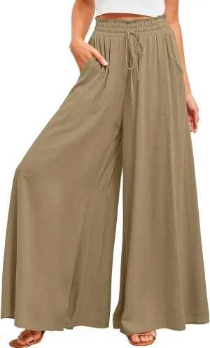 Women's Baggy Pants Flowy Casual Wide Leg Pants Elastic Drawstring High Waisted Skirt Pants Comfy Trousers