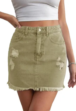 Womens Bodycon Denim Mini Skirt High Waist Casual Washed Frayed Stretchy Jean Skirts with Pocket for Women