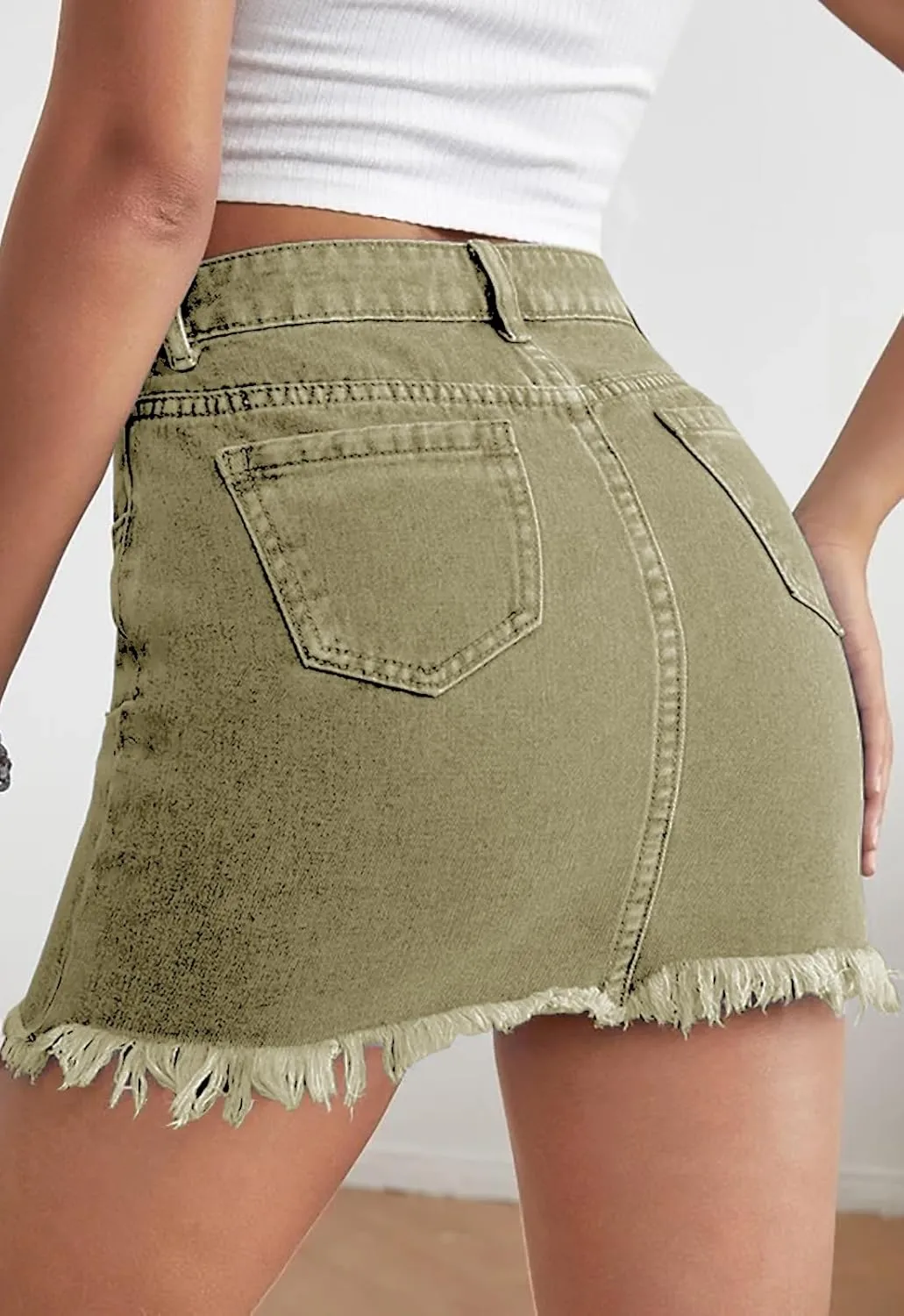 Womens Bodycon Denim Mini Skirt High Waist Casual Washed Frayed Stretchy Jean Skirts with Pocket for Women