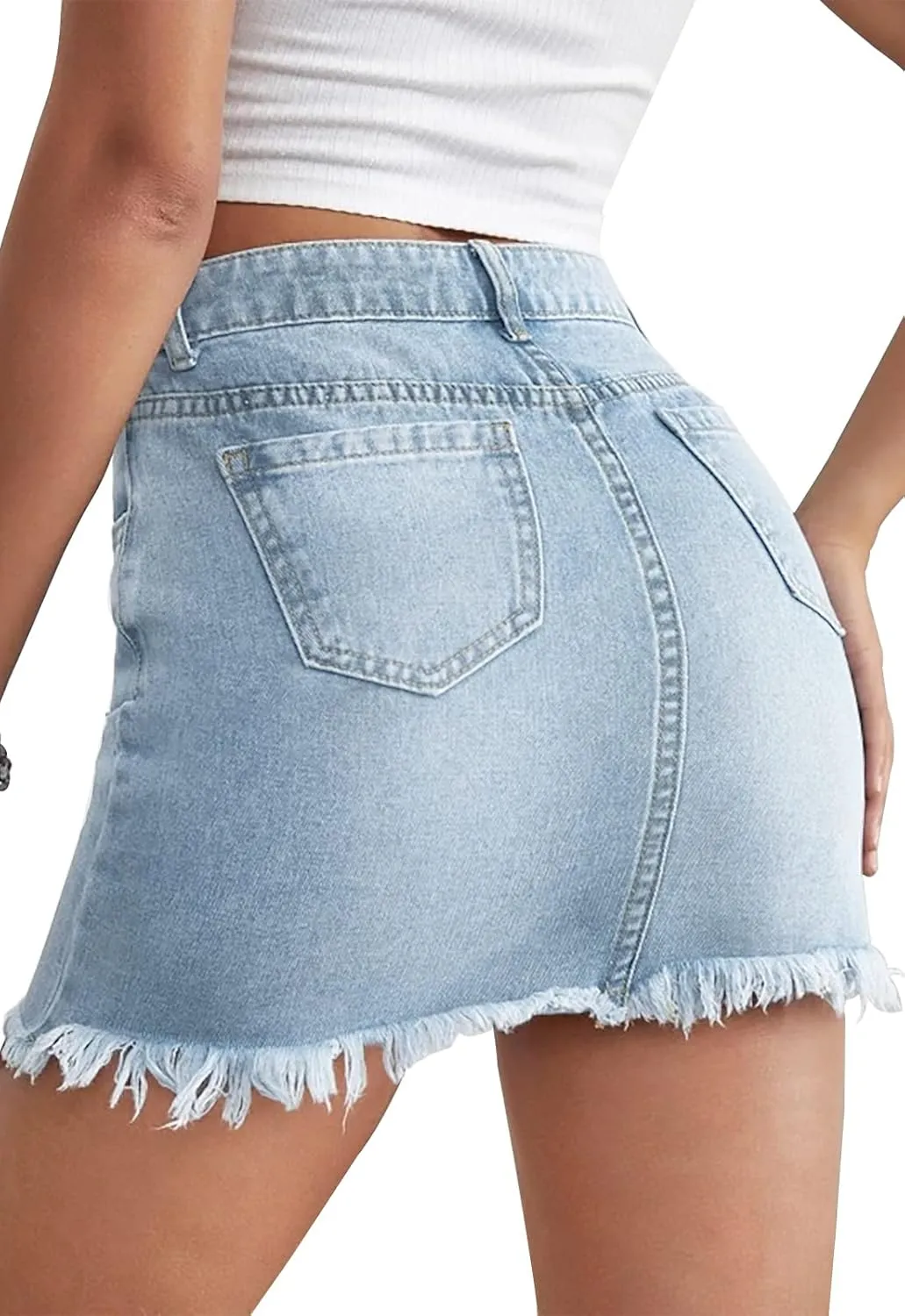 Womens Bodycon Denim Mini Skirt High Waist Casual Washed Frayed Stretchy Jean Skirts with Pocket for Women
