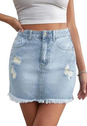 Womens Bodycon Denim Mini Skirt High Waist Casual Washed Frayed Stretchy Jean Skirts with Pocket for Women