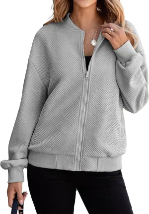 Womens Bomber Jackets Lightweight Oversized Zip Up Long Sleeve Coat Casual Soild Color Jackets