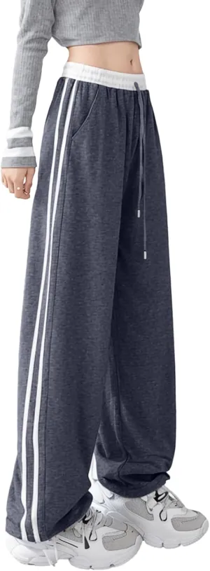 Women's Casual Joggers Sweatpants Baggy Wide Straight Leg Loose Elastic Waist Drawstring Pants with Pockets