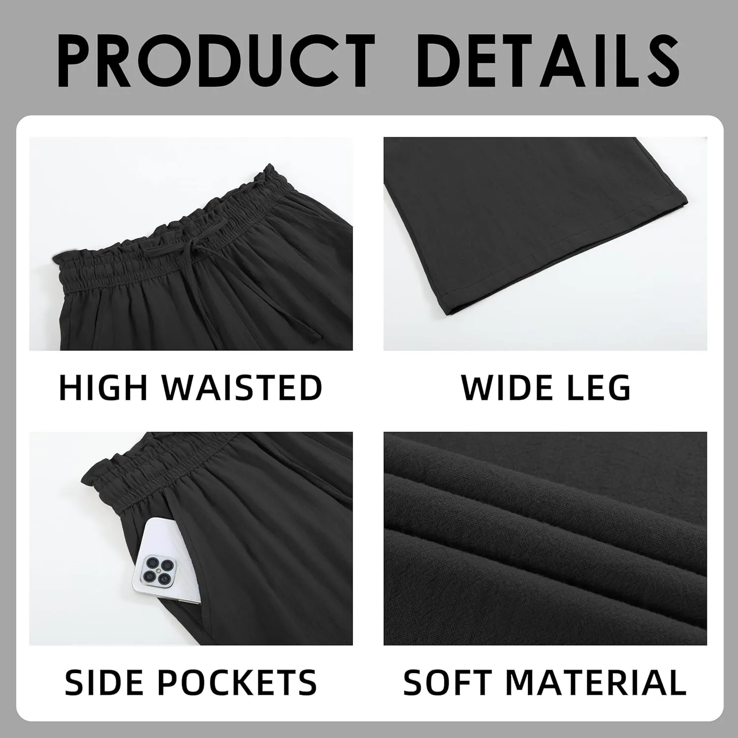 Womens Casual Linen Pants Wide Leg High Elastic Waisted Drawstring Summer Pants with Pockets