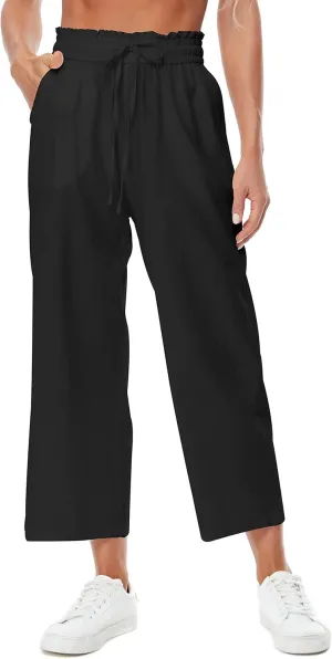 Womens Casual Linen Pants Wide Leg High Elastic Waisted Drawstring Summer Pants with Pockets