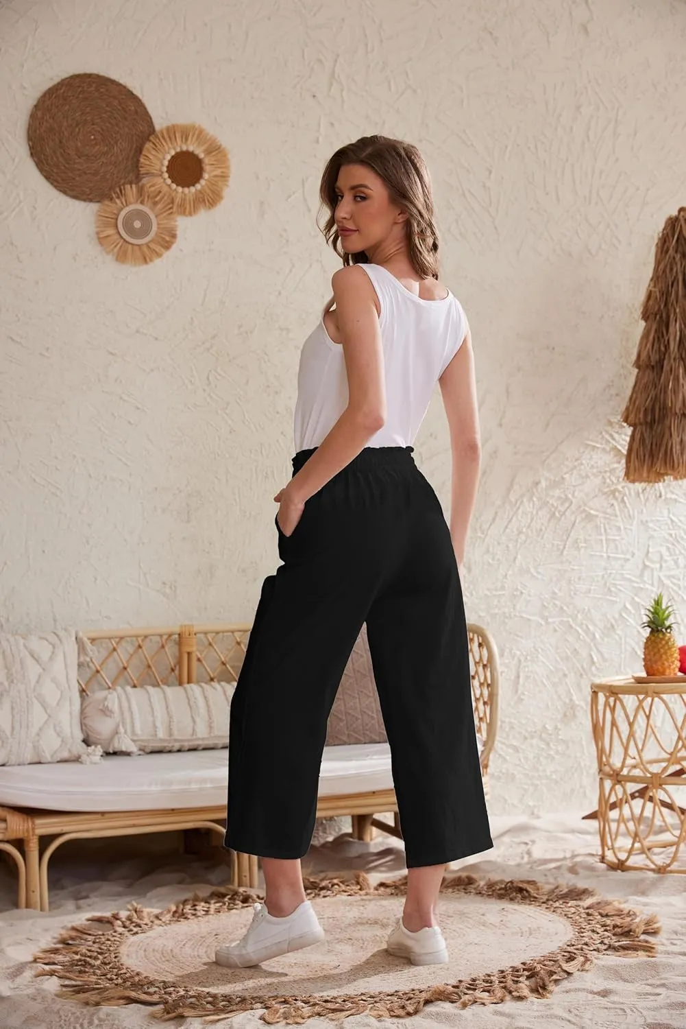 Womens Casual Linen Pants Wide Leg High Elastic Waisted Drawstring Summer Pants with Pockets