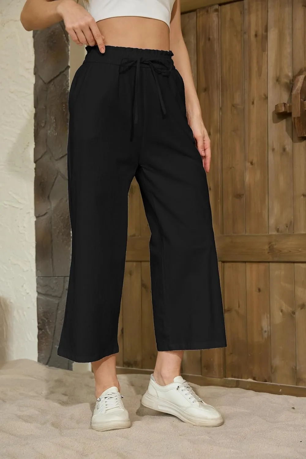 Womens Casual Linen Pants Wide Leg High Elastic Waisted Drawstring Summer Pants with Pockets