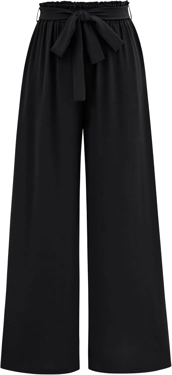 Women's Casual Wide Leg Palazzo Pants High Waist Tie Knot Summer Flowy Beach Work Trousers Lounge Pants with Pockets