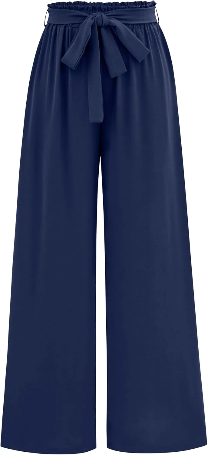 Women's Casual Wide Leg Palazzo Pants High Waist Tie Knot Summer Flowy Beach Work Trousers Lounge Pants with Pockets