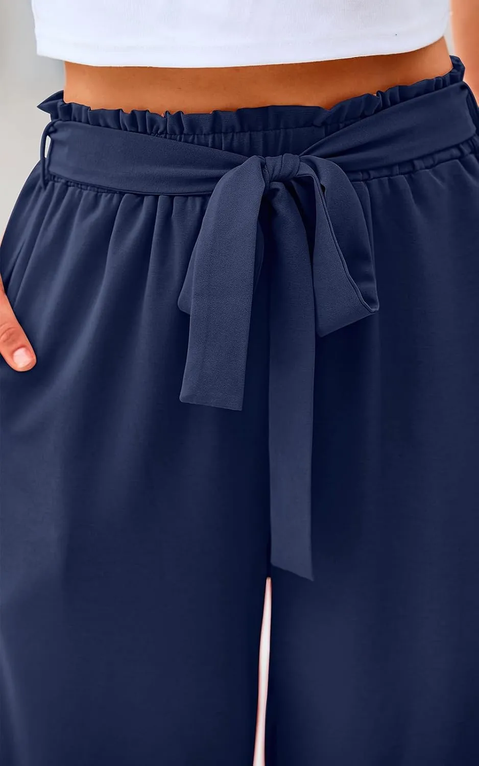 Women's Casual Wide Leg Palazzo Pants High Waist Tie Knot Summer Flowy Beach Work Trousers Lounge Pants with Pockets