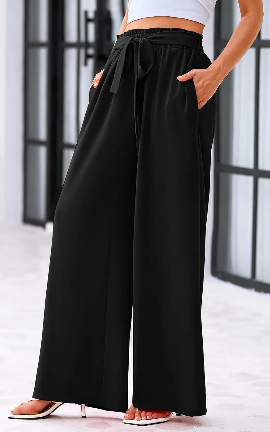 Women's Casual Wide Leg Palazzo Pants High Waist Tie Knot Summer Flowy Beach Work Trousers Lounge Pants with Pockets