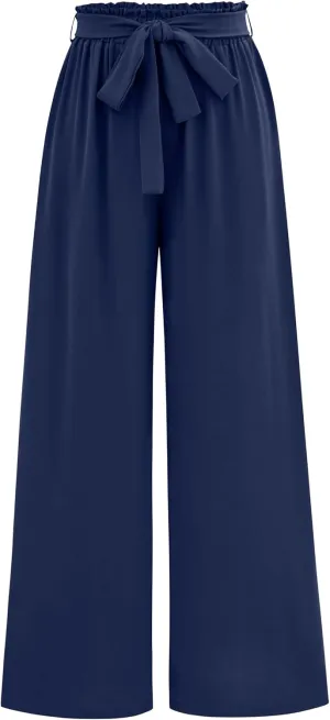 Women's Casual Wide Leg Palazzo Pants High Waist Tie Knot Summer Flowy Beach Work Trousers Lounge Pants with Pockets