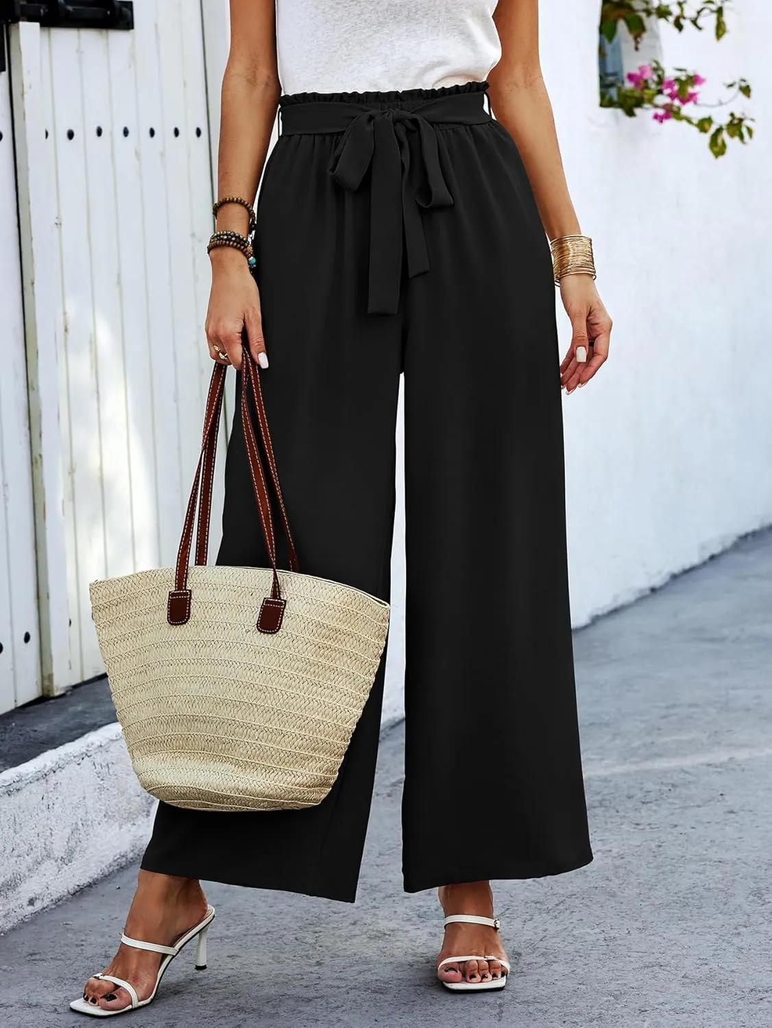 Women's Casual Wide Leg Palazzo Pants High Waist Tie Knot Summer Flowy Beach Work Trousers Lounge Pants with Pockets