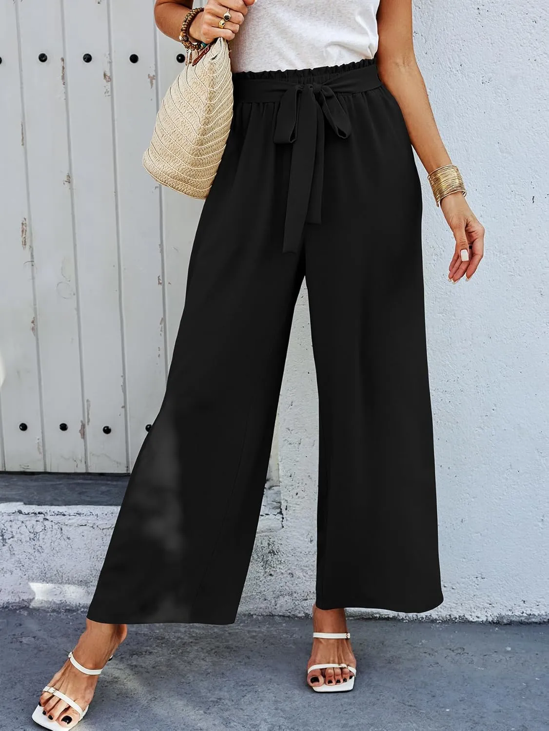 Women's Casual Wide Leg Palazzo Pants High Waist Tie Knot Summer Flowy Beach Work Trousers Lounge Pants with Pockets